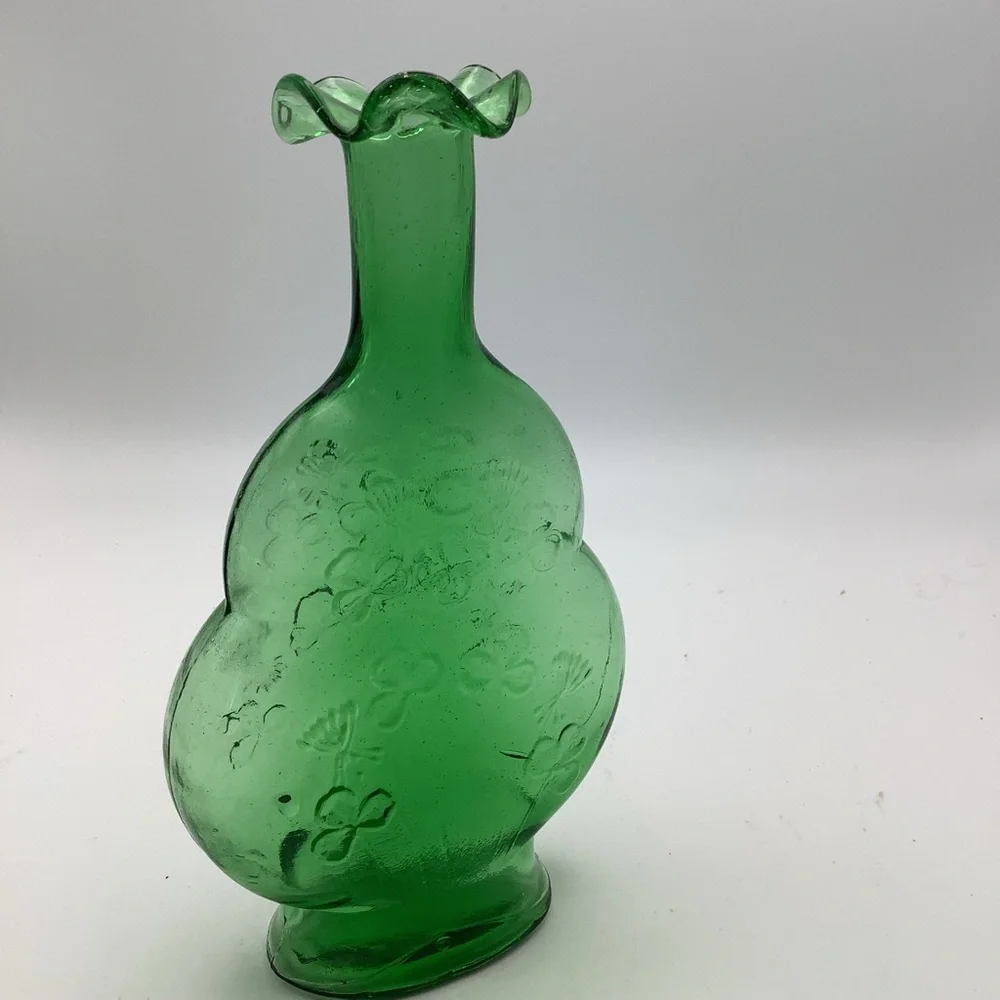 Green Glass Ruffle Top Vase with Embossd Shamrocks